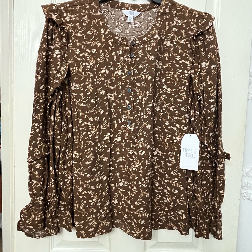 Time and Tru Women's Brown and Cream Blouse